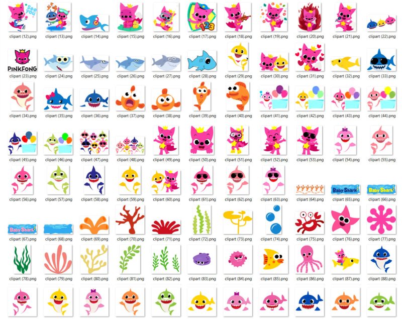 Baby Shark 100 cliparts bundle, transparent PNG, designs for decoration / sublimation, instant download