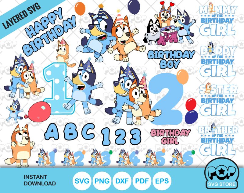 Bluey Birthday clipart set + alphabet, Bluey SVG cut files for Cricut / Silhouette, PNG DXF, instant download