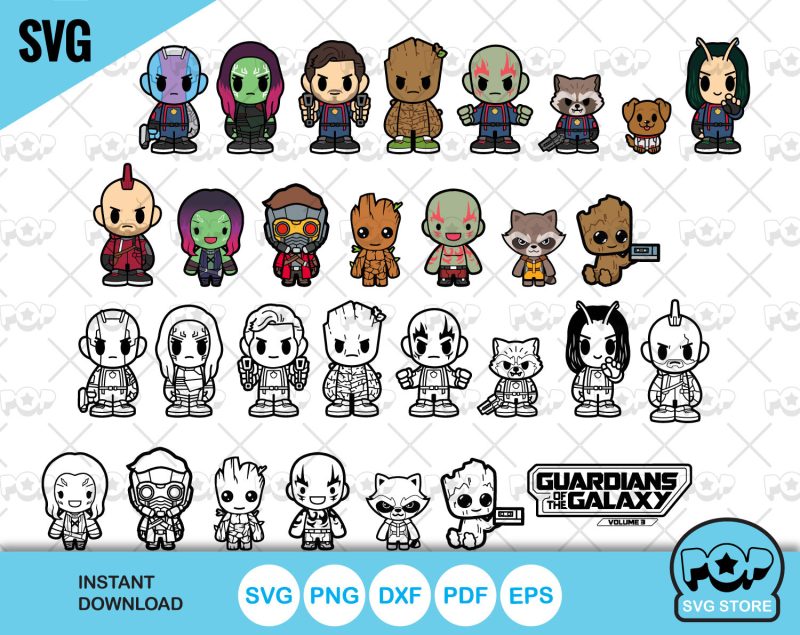 Chibi Guardians of the Galaxy clipart set, Superheroes svg cut files for Cricut / Silhouette, Guardians of the Galaxy volume 3 png