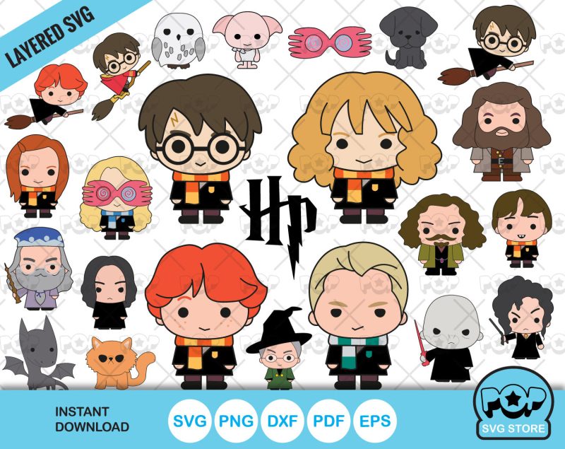 Chibi Harry Potter clipart set, Harry Potter SVG cut files for Cricut / Silhouette, PNG, DXF, instant download