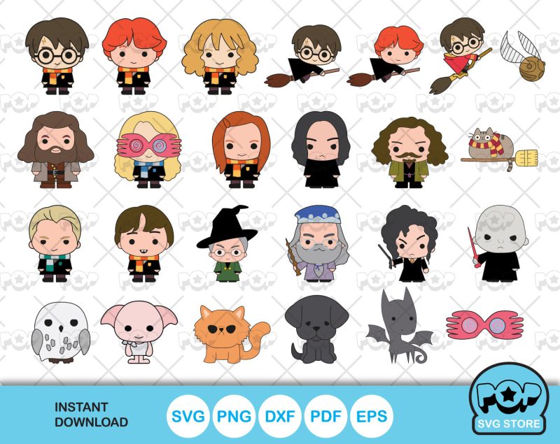 Chibi Harry Potter clipart set, Harry Potter SVG cut files for Cricut / Silhouette, PNG, DXF, instant download