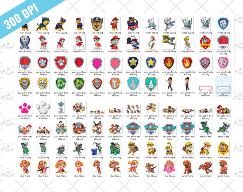 Paw Patrol 100 cliparts bundle, transparent PNG, designs for decoration / sublimation, instant download