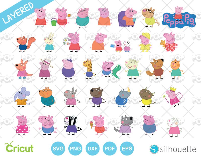 Peppa Pig clipart bundle, Cartoon Pig SVG cut files for Cricut / Silhouette, instant download