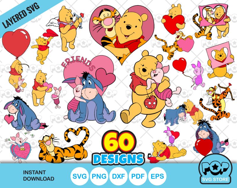 Pooh and Friends Valentine's Day 60 cliparts set, Valentines Day SVG cut files for Cricut / Silhouette, Winnie the Pooh svg, PNG, DXF