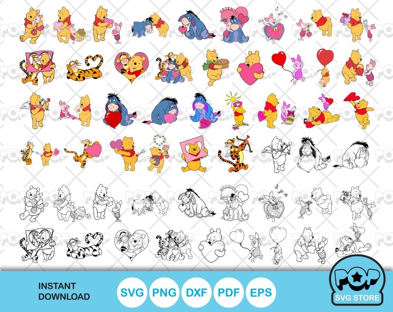 Pooh and Friends Valentine's Day 60 cliparts set, Valentines Day SVG cut files for Cricut / Silhouette, Winnie the Pooh svg, PNG, DXF