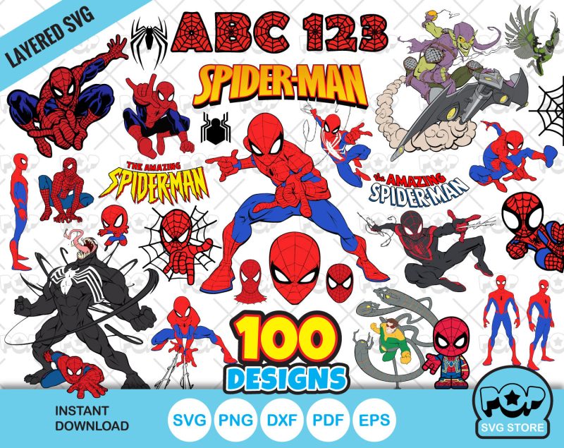 Spider-Man 100 cliparts bundle + alphabet, Spiderman SVG cut files for Cricut / Silhouette, PNG, DXF, instant download