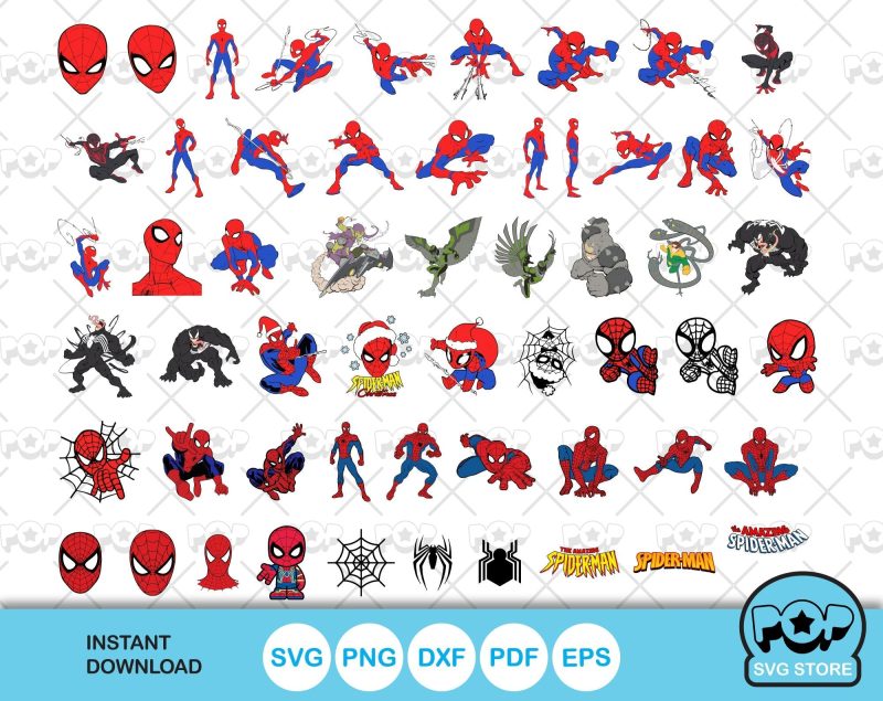 Spider-Man 100 cliparts bundle + alphabet, Spiderman SVG cut files for Cricut / Silhouette, PNG, DXF, instant download