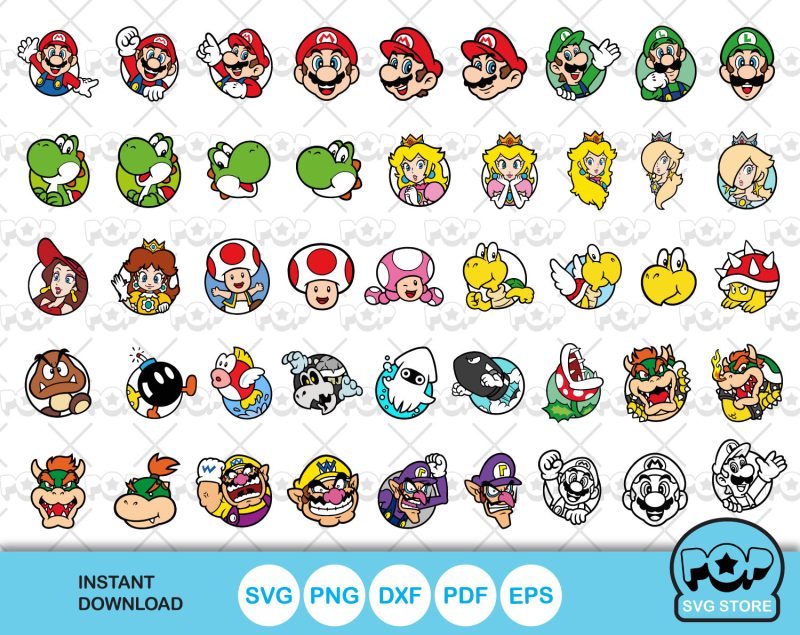 Super Mario Icons clipart set, Mario Bros svg cut files for Cricut / Silhouette, instant download