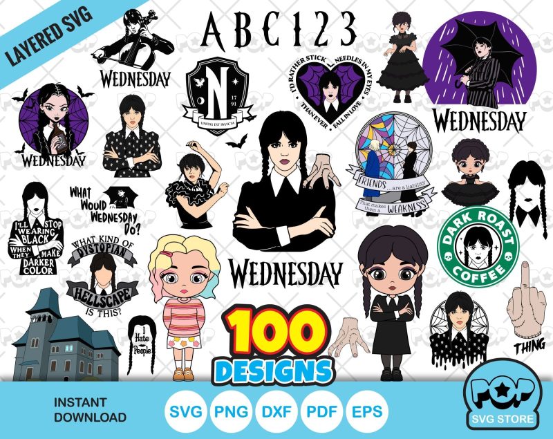 Wednesday Addams 100 cliparts set + alphabet, Wednesday svg cut files for Cricut / Silhouette, Wednesday png, dxf