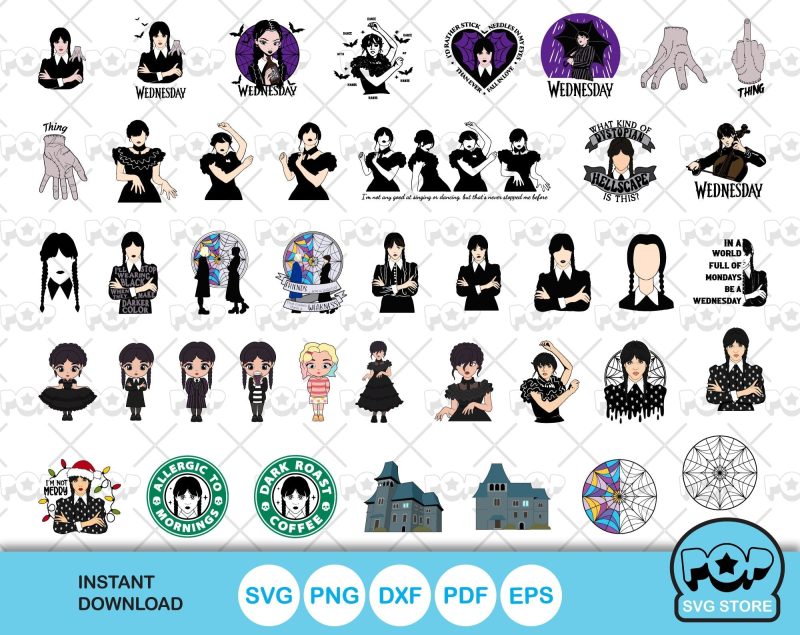 Wednesday Addams 100 cliparts set + alphabet, Wednesday svg cut files for Cricut / Silhouette, Wednesday png, dxf